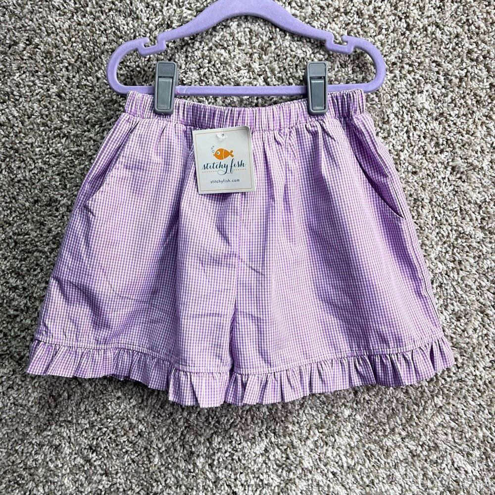Stitchy Fish Shorts Girls 10 Summer in the Sand Purple Gingham Plaid Ruffle NWT